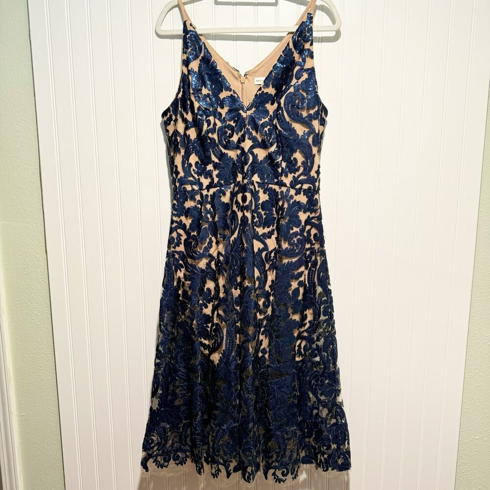 Dress The Population Blair Embellished Fit Flare Cocktail Dress Navy Nude XL - Picture 2 of 8